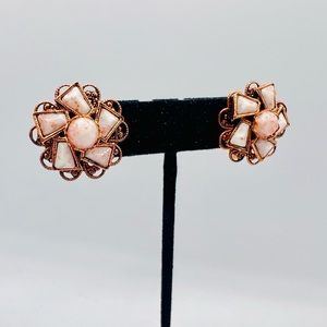 Vintage copper tone clip on earrings pink & white beaded